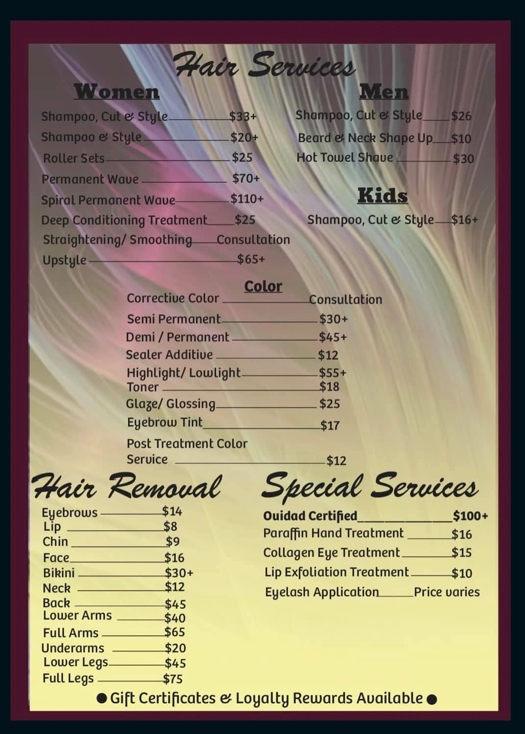 Marisalon full service price menu